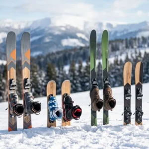 מגוון דגמי סקי קצר, Skiboards ו-Skiskates באורכים שונים עם סוגי חיבורים משתנים: לנעלי סקי, נעלי סנובורד ונעלי חורף רגילות. הציוד מוצג על מדרון מושלג על רקע הרים ועצי אורן ביום שמש.